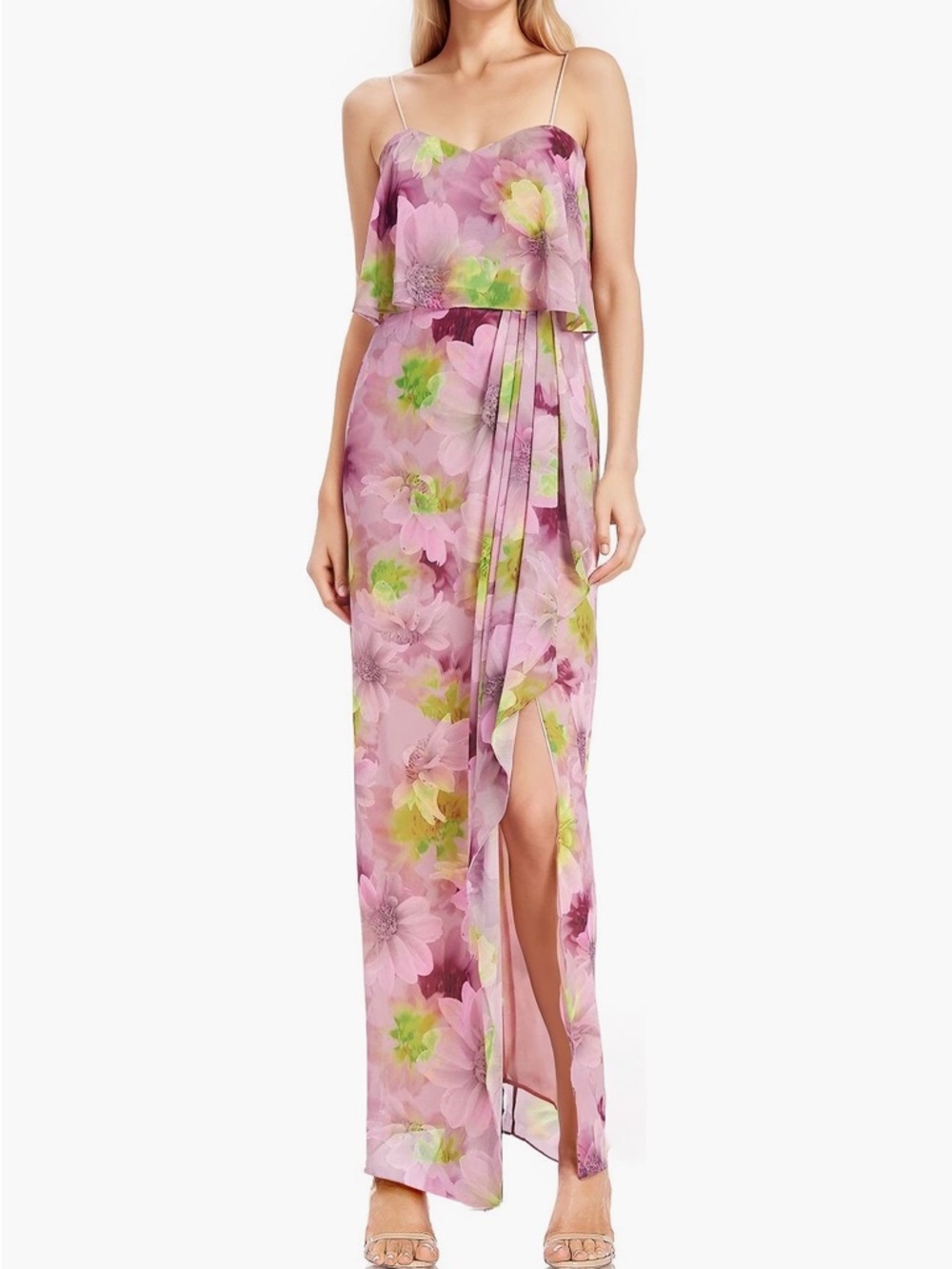 Jewel Badgley Mischka Pink Floral Popover Strapless Maxi Dress with Slit